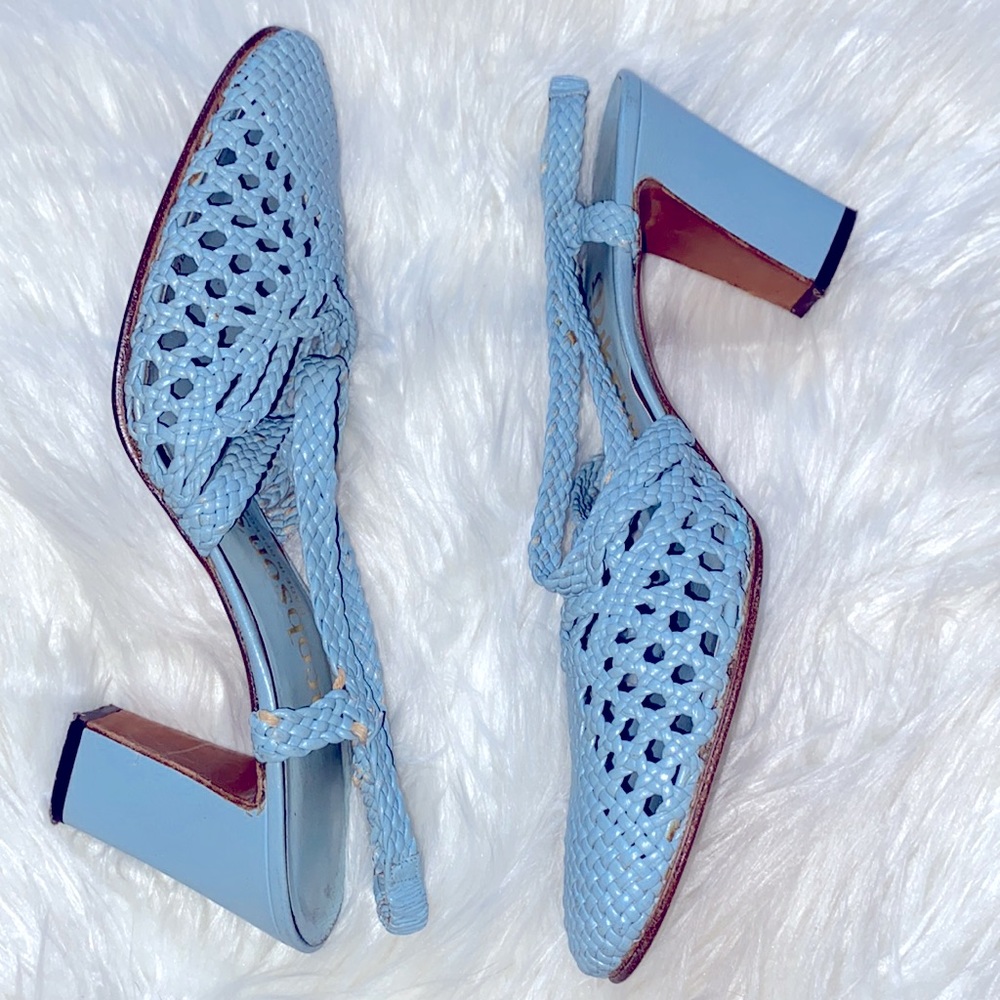Jacobson’s Blue Woven Cross Strap Closed Toe Heels
